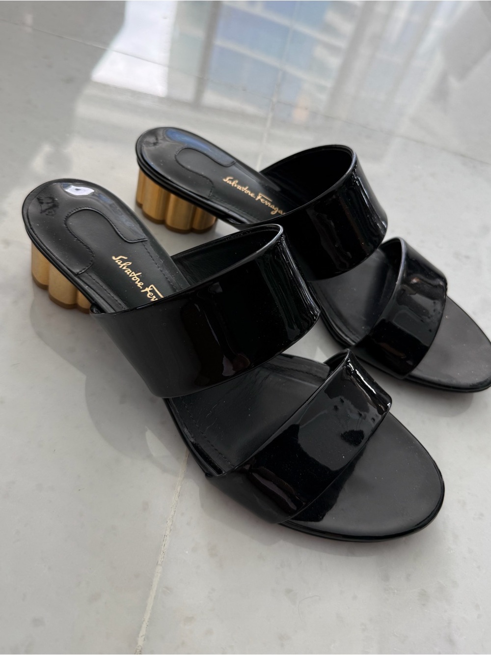 Salvatore Ferragamo Black Patent Double-Band Slide Mules